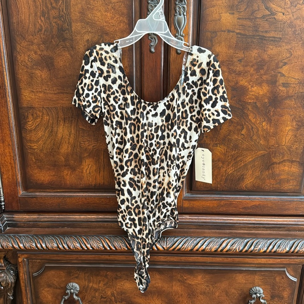 Women’s sheer leopard thong, bodysuit new with tags